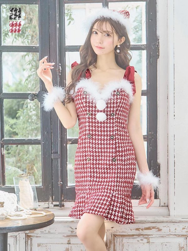 画像4: 【サンタセール！】【サンタコス 4点セット】【S-Lサイズ/2カラー】ショルダーリボン千鳥タイトサンタコスプレ[YMT] (4)