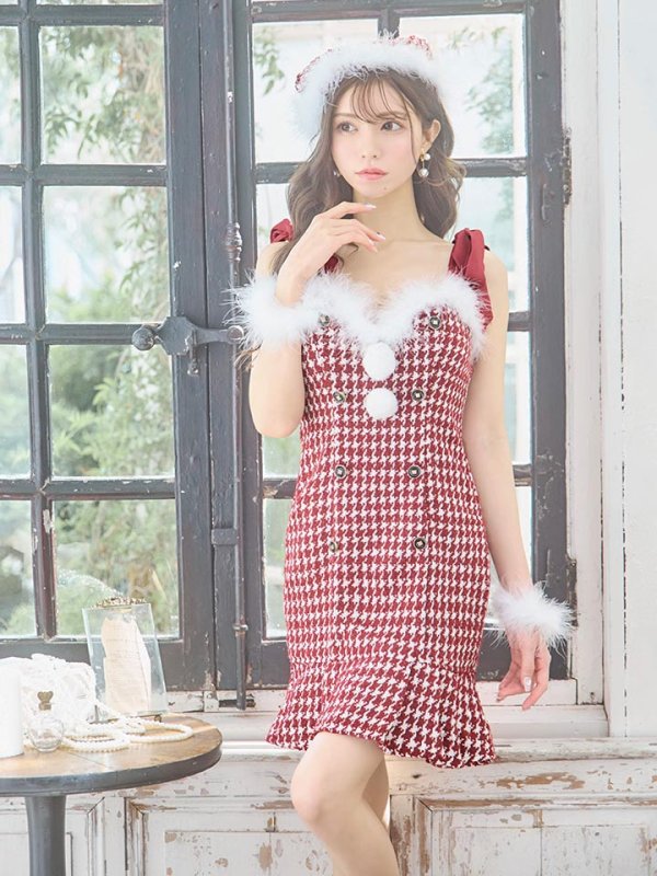 画像4: 【サンタSALE!!】【サンタコス 4点セット】【S-Lサイズ/2カラー】ショルダーリボン千鳥タイトサンタコスプレ[OF01] (4)