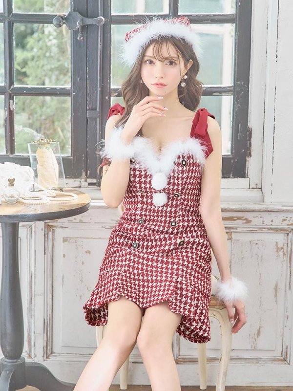 画像7: 【サンタSALE!!】【サンタコス 4点セット】【S-Lサイズ/2カラー】ショルダーリボン千鳥タイトサンタコスプレ[OF01] (7)