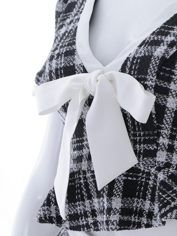 画像15: 【送料無料！】セットアップツイードミニドレス/リボン/Vカット/フリル/チェック柄/ショートスリーブ/谷間見せ/背中隠し/ミニドレス/キャバドレス 【XS-Mサイズ/1カラー】[HC02] 【SB】dzw (15)