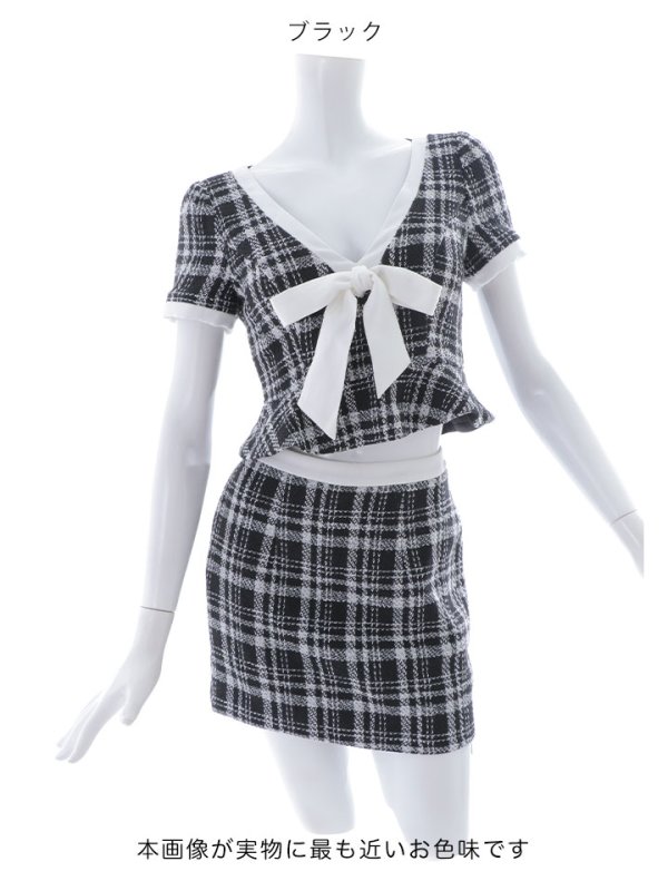 画像13: 【送料無料！】セットアップツイードミニドレス/リボン/Vカット/フリル/チェック柄/ショートスリーブ/谷間見せ/背中隠し/ミニドレス/キャバドレス 【XS-Mサイズ/1カラー】[HC02] 【SB】dzw (13)