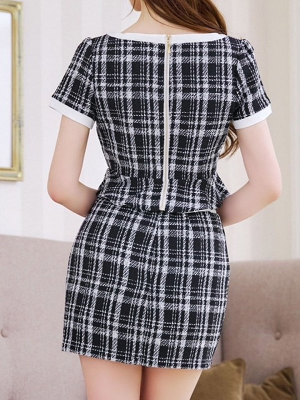画像7: 【送料無料！】セットアップツイードミニドレス/リボン/Vカット/フリル/チェック柄/ショートスリーブ/谷間見せ/背中隠し/ミニドレス/キャバドレス 【XS-Mサイズ/1カラー】[HC02] 【SB】dzw (7)