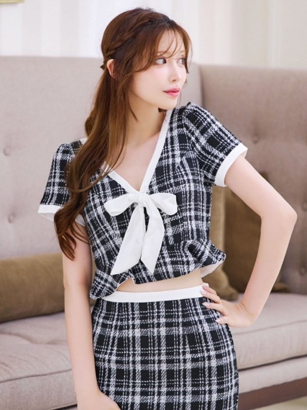画像8: 【送料無料！】セットアップツイードミニドレス/リボン/Vカット/フリル/チェック柄/ショートスリーブ/谷間見せ/背中隠し/ミニドレス/キャバドレス 【XS-Mサイズ/1カラー】[HC02] 【SB】dzw (8)