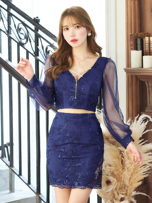 画像12: セットアップ刺繍レースミニドレス/フロントジップ/スパンコール/谷間見せ/背中隠し/肌見せ/バストクロス/シアー袖/ミニドレス/キャバドレス 【S-Lサイズ/4カラー】[HC02]【SB】dzw (12)