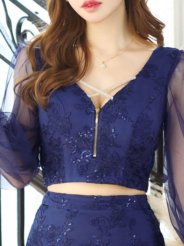 画像13: セットアップ刺繍レースミニドレス/フロントジップ/スパンコール/谷間見せ/背中隠し/肌見せ/バストクロス/シアー袖/ミニドレス/キャバドレス 【S-Lサイズ/4カラー】[HC02]【SB】dzw (13)