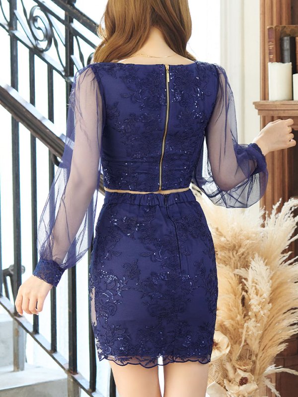 画像15: セットアップ刺繍レースミニドレス/フロントジップ/スパンコール/谷間見せ/背中隠し/肌見せ/バストクロス/シアー袖/ミニドレス/キャバドレス 【S-Lサイズ/4カラー】[HC02]【SB】dzw (15)