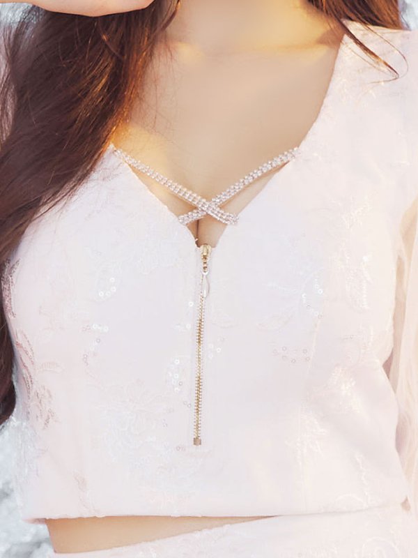 画像7: セットアップ刺繍レースミニドレス/フロントジップ/スパンコール/谷間見せ/背中隠し/肌見せ/バストクロス/シアー袖/ミニドレス/キャバドレス 【S-Lサイズ/4カラー】[HC02]【SB】dzw (7)