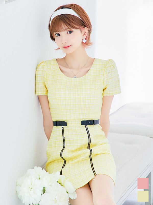 画像2: チェックツイードドレス/半袖/ジッパー/ミニドレス/キャバドレス【XS-Lサイズ/2カラー】[HC02] 【SB】dzw (2)