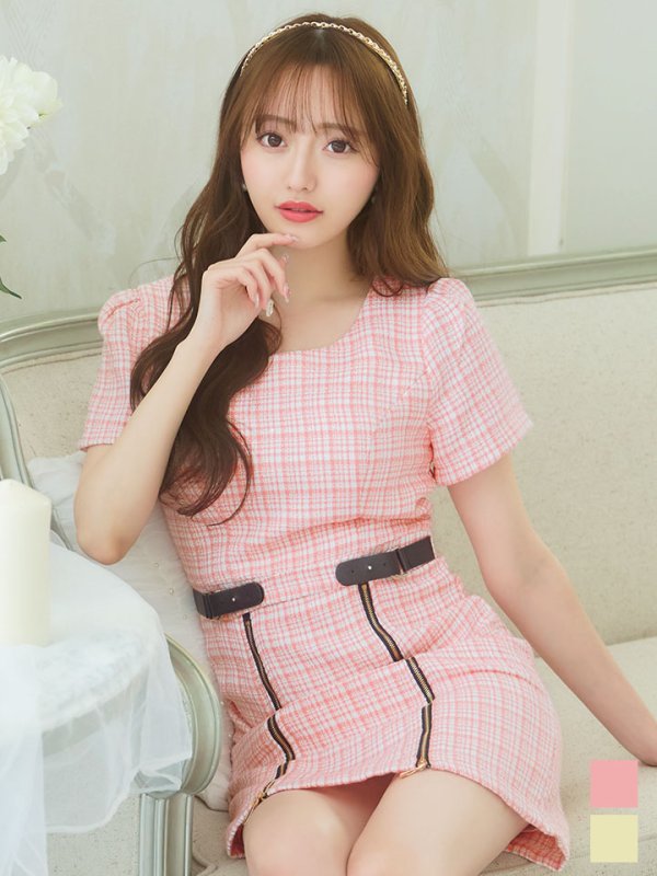 画像3: チェックツイードドレス/半袖/ジッパー/ミニドレス/キャバドレス【XS-Lサイズ/2カラー】[HC02] 【SB】dzw (3)