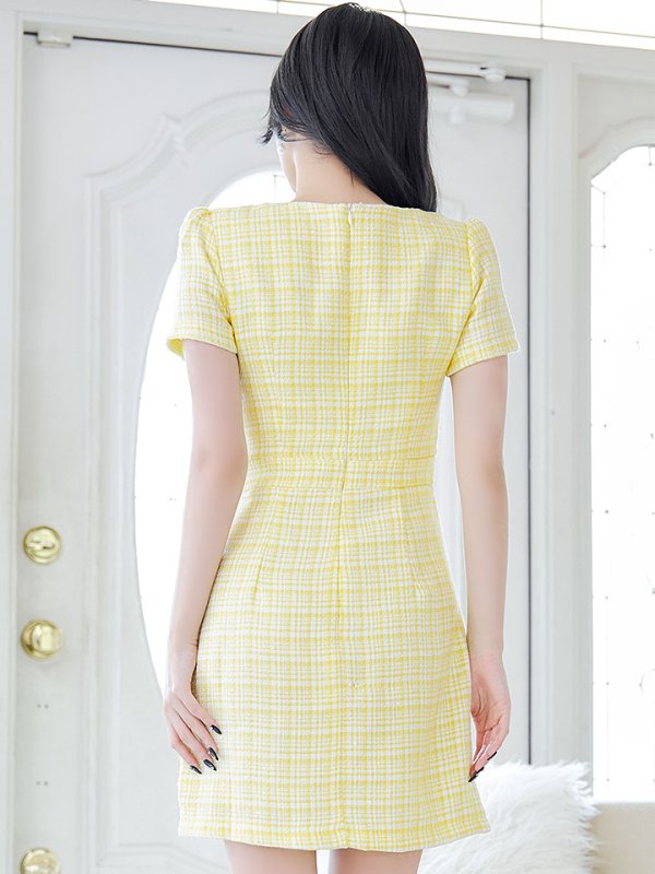 画像8: チェックツイードドレス/半袖/ジッパー/ミニドレス/キャバドレス【XS-Lサイズ/2カラー】[HC02] 【SB】dzw (8)