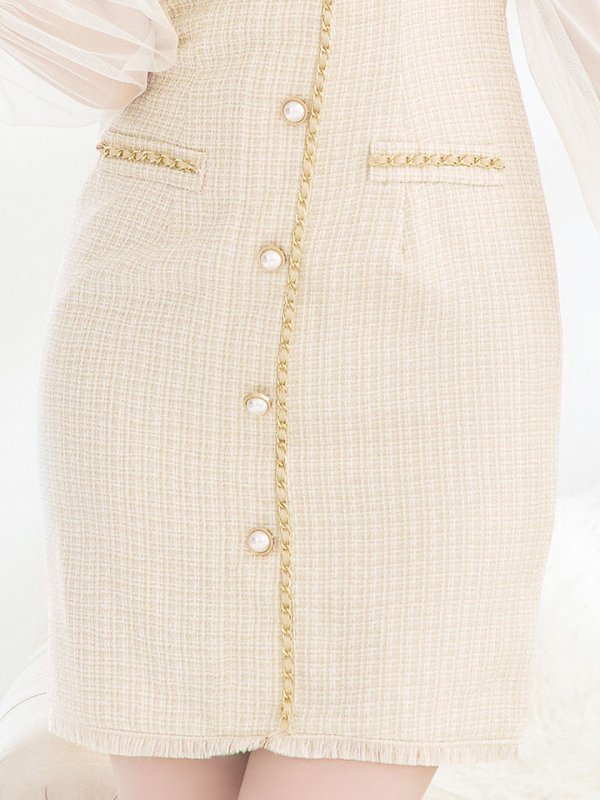 画像5: ツイードチェックドレス/チュール袖/パールボタン/チェーン/透け感/谷間見せ/背中隠し/ミニドレス/キャバドレス【S-Lサイズ/1カラー】[HC02] 【SB】dzw (5)