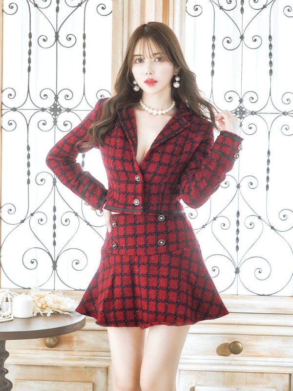 画像4: ジャケットチェックバーガンディセットアップワンピース/谷間見せ/背中隠し/マーメイド/ミニドレス/キャバドレス【S-Lサイズ/1カラー】[HC02-X] 【SB】dzw (4)