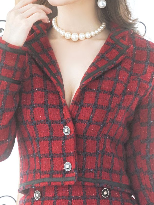 画像5: ジャケットチェックバーガンディセットアップワンピース/谷間見せ/背中隠し/マーメイド/ミニドレス/キャバドレス【S-Lサイズ/1カラー】[HC02-X] 【SB】dzw (5)