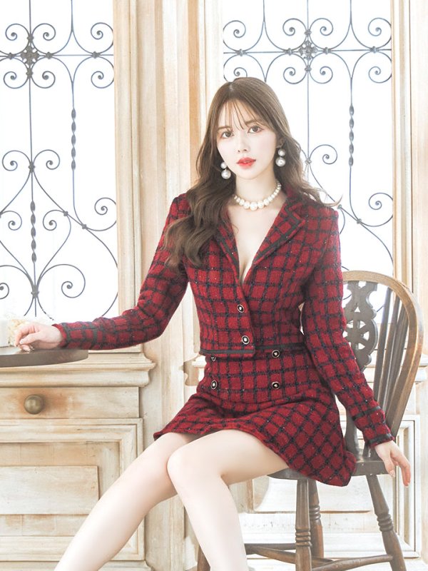 画像13: ジャケットチェックバーガンディセットアップワンピース/谷間見せ/背中隠し/マーメイド/ミニドレス/キャバドレス【S-Lサイズ/1カラー】[HC02-X] 【SB】dzw (13)