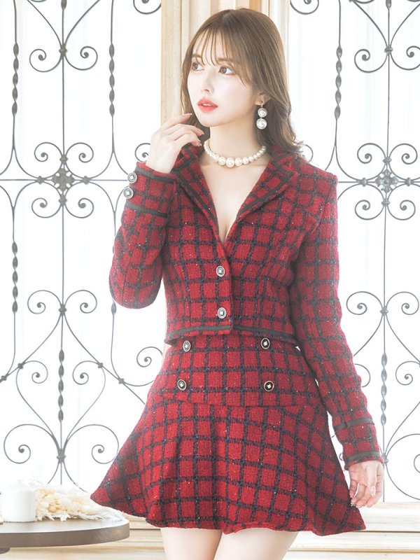 画像15: ジャケットチェックバーガンディセットアップワンピース/谷間見せ/背中隠し/マーメイド/ミニドレス/キャバドレス【S-Lサイズ/1カラー】[HC02-X] 【SB】dzw (15)