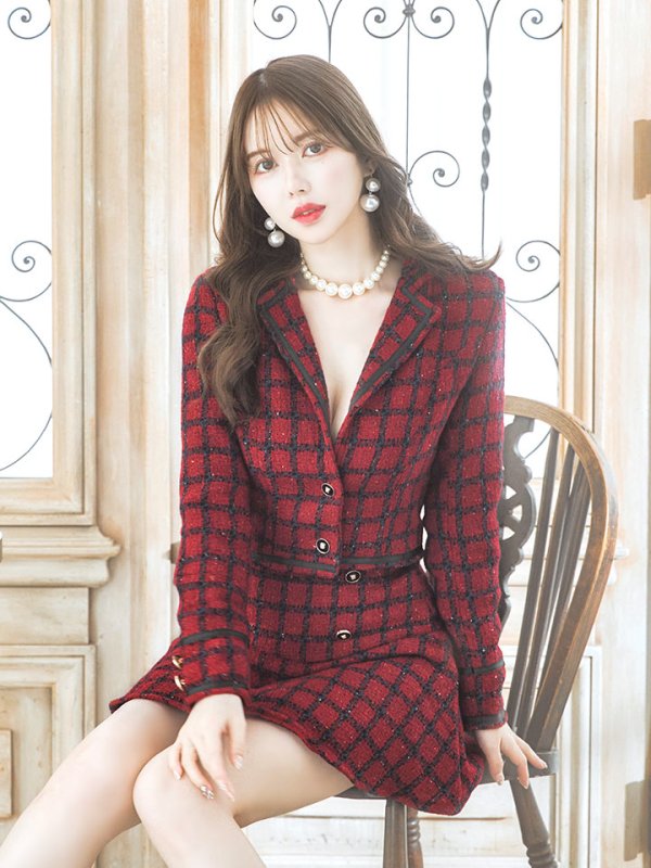 画像16: ジャケットチェックバーガンディセットアップワンピース/谷間見せ/背中隠し/マーメイド/ミニドレス/キャバドレス【S-Lサイズ/1カラー】[HC02-X] 【SB】dzw (16)