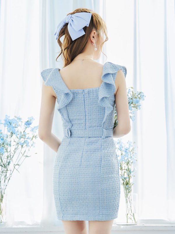 画像6: SALE!再入荷!ワンカラータイトミニドレス/ツイード/ベルト/ゴールド/谷間見せ/背中見せ/フリル袖/ミニドレス/キャバドレス 【XS-Lサイズ/1カラー】[OF01-X] 【SB】dzw (6)