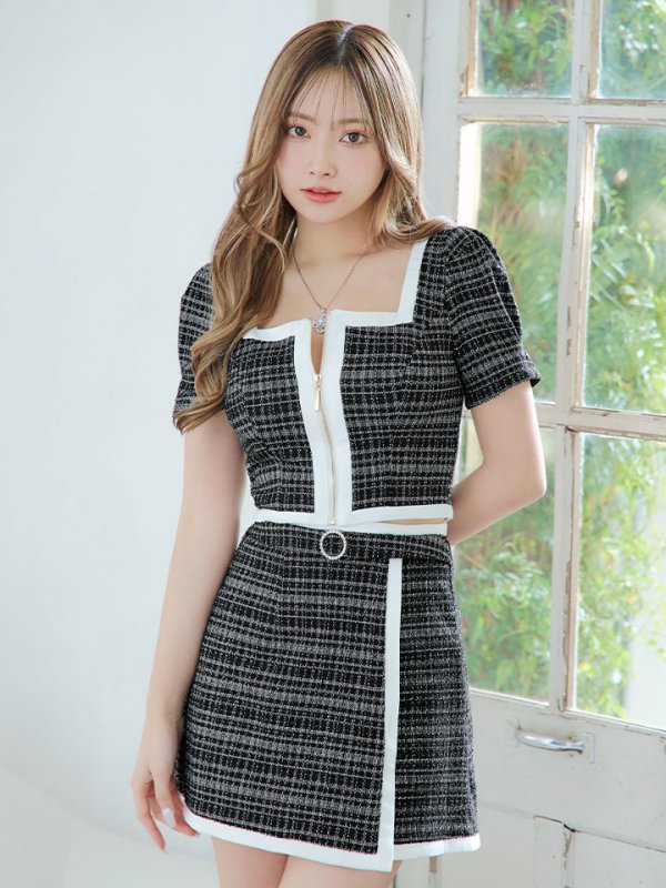 画像4: ツイードセットアップドレス/フロントジップ/ベルト/谷間見せ/背中隠し/ミニドレス/キャバドレス【XS-Mサイズ/2カラー】[HC02-X] 【SB】dzw (4)