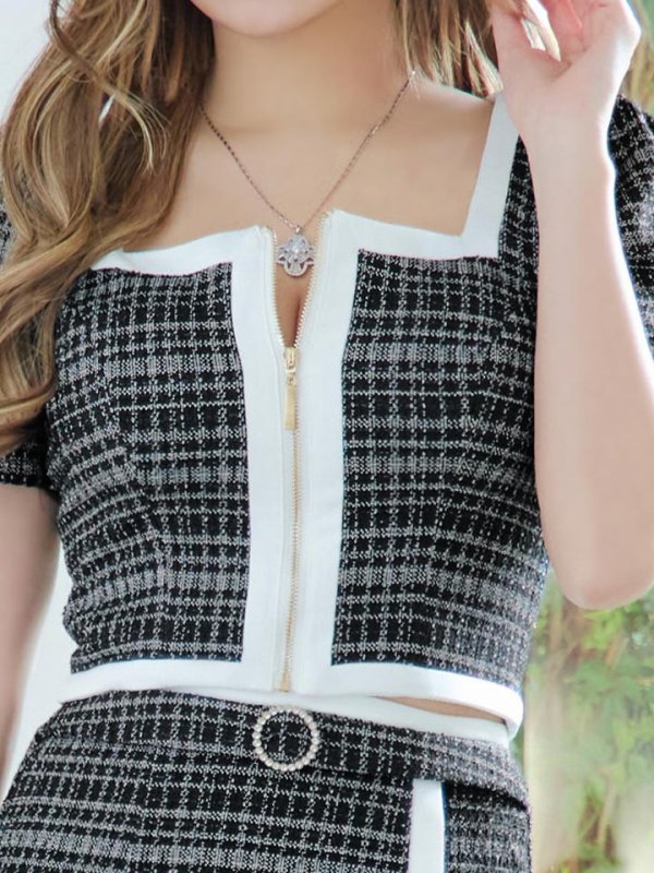 画像5: ツイードセットアップドレス/フロントジップ/ベルト/谷間見せ/背中隠し/ミニドレス/キャバドレス【XS-Mサイズ/2カラー】[HC02-X] 【SB】dzw (5)