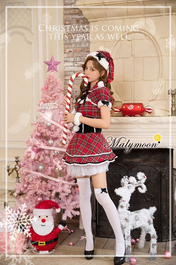 画像2: 【即日発送】【クリスマスコスプレ6点セット】【Malymoon/マリームーン】チェック柄サンタクロース【フリーサイズ/1カラー】[YMT] (2)