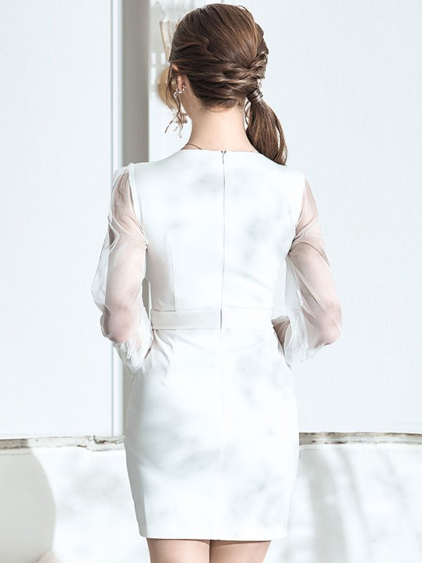 画像8: ジップアップドレス/チュール袖/刺繍/布ベルト/シアー/スリット/透け/谷間見せ/背中隠し/ミニドレス/キャバドレス【XS-XLサイズ/3カラー】[HC02-X] 【SB】dzw (8)