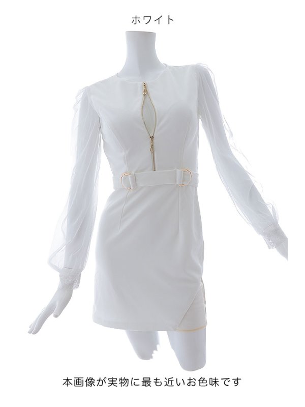 画像23: ジップアップドレス/チュール袖/刺繍/布ベルト/シアー/スリット/透け/谷間見せ/背中隠し/ミニドレス/キャバドレス【XS-XLサイズ/3カラー】[HC02-X] 【SB】dzw (23)