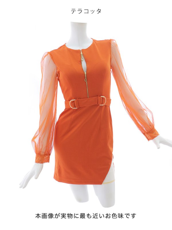 画像24: ジップアップドレス/チュール袖/刺繍/布ベルト/シアー/スリット/透け/谷間見せ/背中隠し/ミニドレス/キャバドレス【XS-XLサイズ/3カラー】[HC02-X] 【SB】dzw (24)