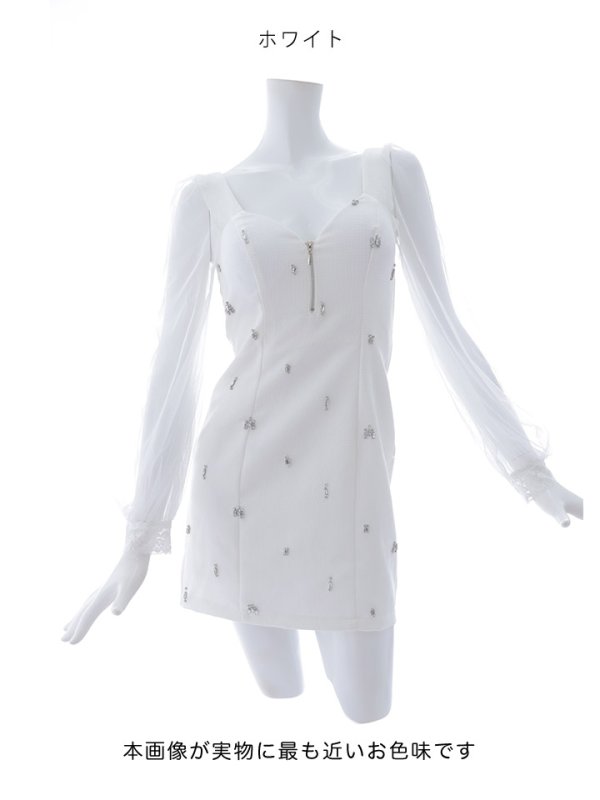 画像14: ジップアップドレス/チュール袖/レース/ビジュー/シアー/タイト/透け/谷間見せ/背中隠し/ミニドレス/キャバドレス【XS-XLサイズ/1カラー】[HC02] 【SB】dzc (14)