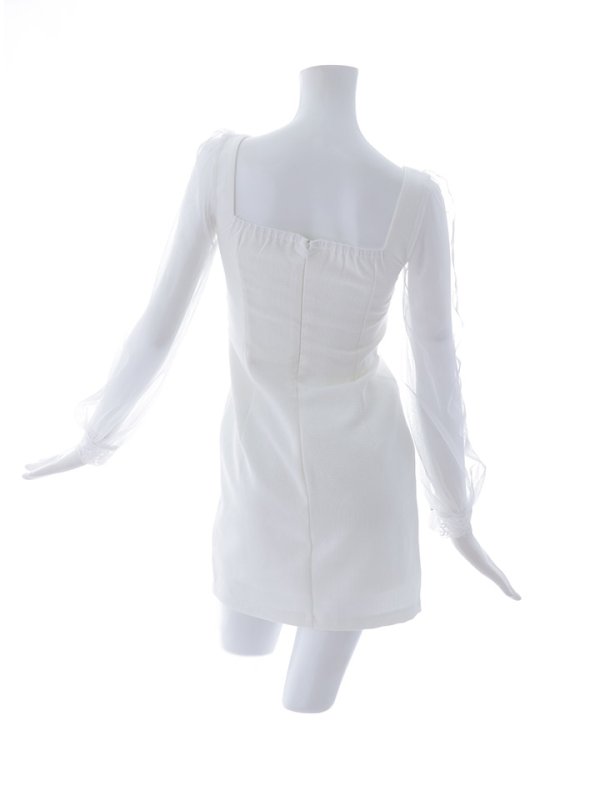 画像15: ジップアップドレス/チュール袖/レース/ビジュー/シアー/タイト/透け/谷間見せ/背中隠し/ミニドレス/キャバドレス【XS-XLサイズ/1カラー】[HC02] 【SB】dzc (15)