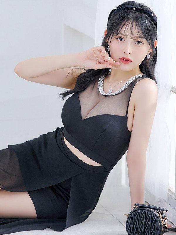 画像1: シースルーノースリーブドレス/チュール/ビジュー/パール/谷間見せ/背中見せ/ロングドレス/キャバドレス【S-Lサイズ/1カラー】[HC02] 【SB】dzj (1)