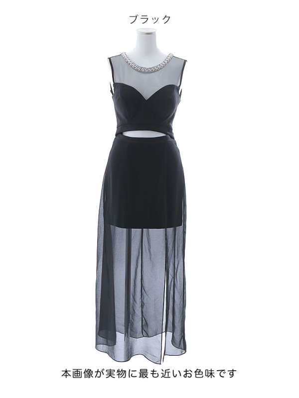 画像13: シースルーノースリーブドレス/チュール/ビジュー/パール/谷間見せ/背中見せ/ロングドレス/キャバドレス【S-Lサイズ/1カラー】[HC02] 【SB】dzj (13)