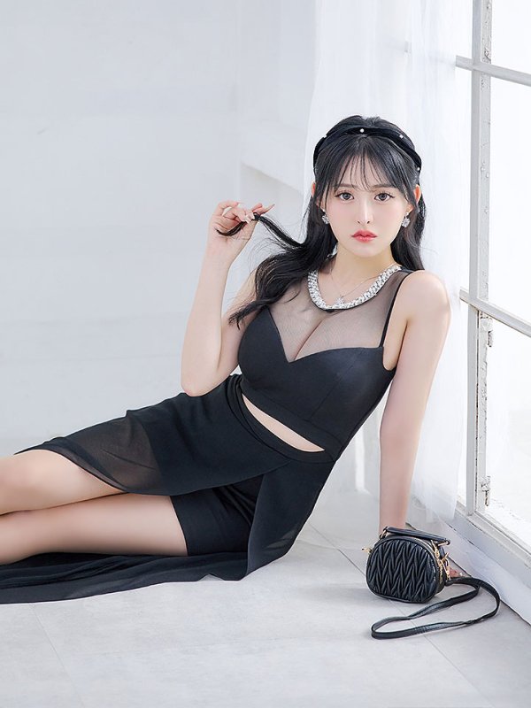 画像9: シースルーノースリーブドレス/チュール/ビジュー/パール/谷間見せ/背中見せ/ロングドレス/キャバドレス【S-Lサイズ/1カラー】[HC02] 【SB】dzj (9)