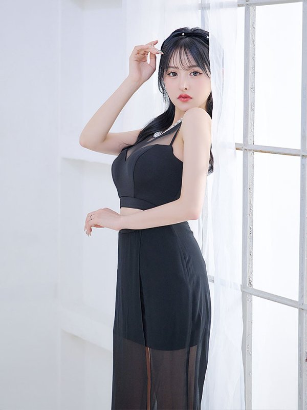 画像10: シースルーノースリーブドレス/チュール/ビジュー/パール/谷間見せ/背中見せ/ロングドレス/キャバドレス【S-Lサイズ/1カラー】[HC02] 【SB】dzj (10)