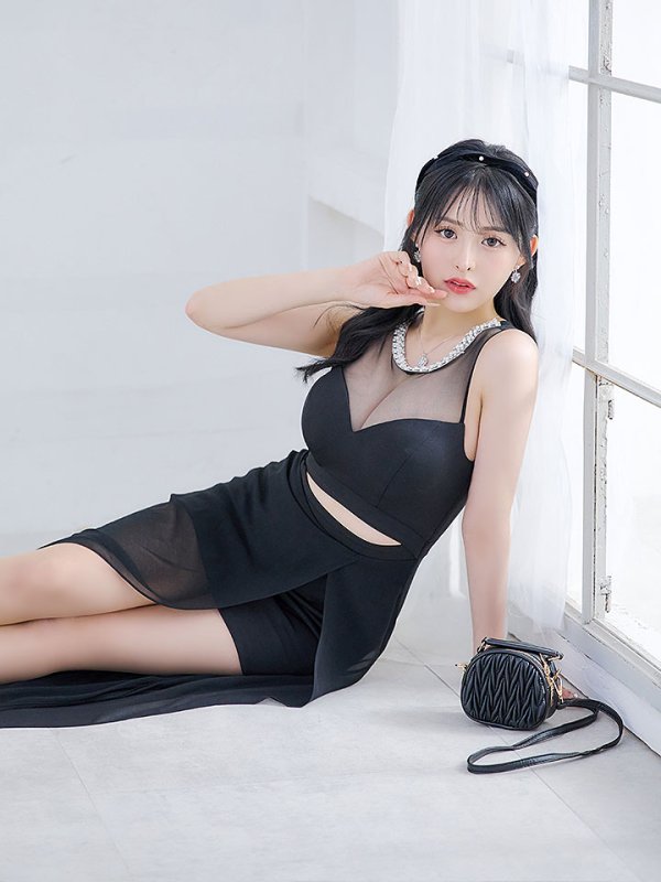 画像12: シースルーノースリーブドレス/チュール/ビジュー/パール/谷間見せ/背中見せ/ロングドレス/キャバドレス【S-Lサイズ/1カラー】[HC02] 【SB】dzj (12)