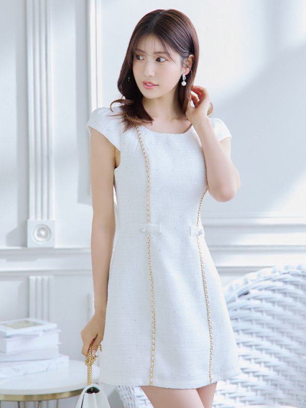 画像8: 新サイズ登場!チェーンツイードドレス/胸元隠し/背中隠し/Aライン/スパンコール/ミニドレス/キャバドレス/ワンピース【XS-Lサイズ/1カラー】[HC02] (8)