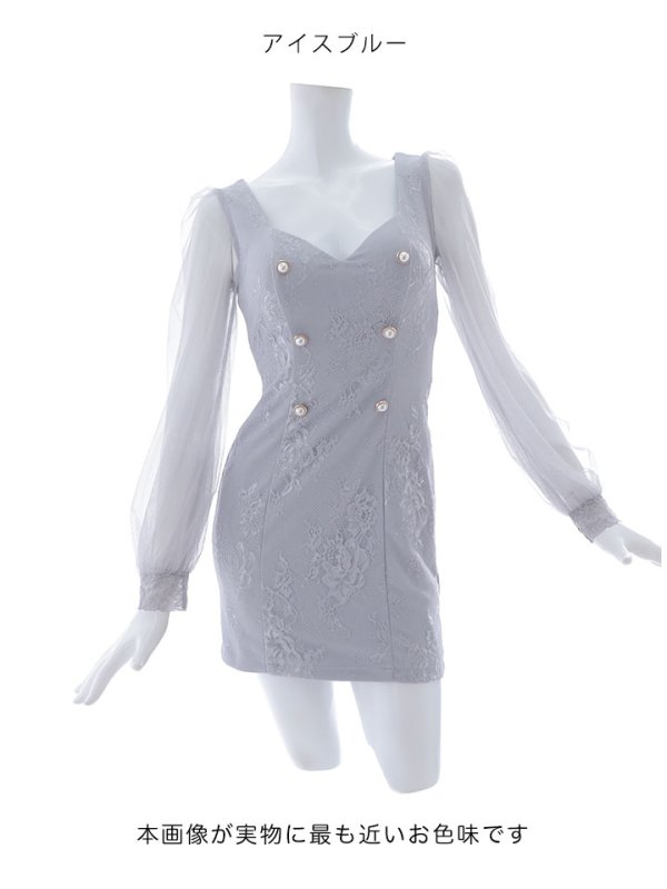 画像17: 刺繍レースミニドレス/ロングスリーブ/シアー/パールボタン/谷間見せ/背中隠し/ミニドレス/キャバドレス【XS-Lサイズ/2カラー】[HC02] 【SB】dzco (17)