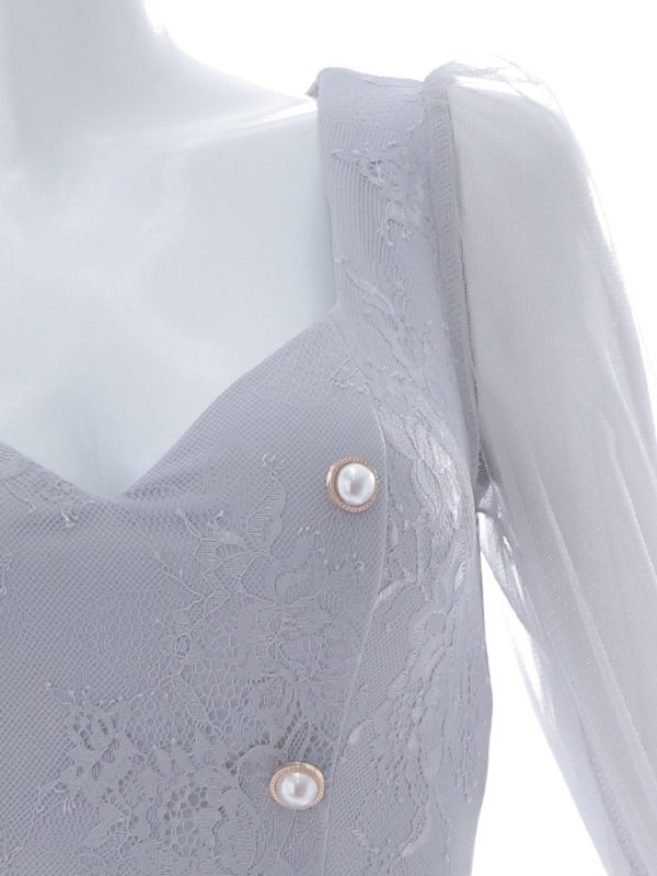 画像19: 刺繍レースミニドレス/ロングスリーブ/シアー/パールボタン/谷間見せ/背中隠し/ミニドレス/キャバドレス【XS-Lサイズ/2カラー】[HC02] 【SB】dzco (19)