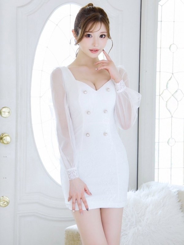 画像4: 刺繍レースミニドレス/ロングスリーブ/シアー/パールボタン/谷間見せ/背中隠し/ミニドレス/キャバドレス【XS-Lサイズ/2カラー】[HC02] 【SB】dzco (4)