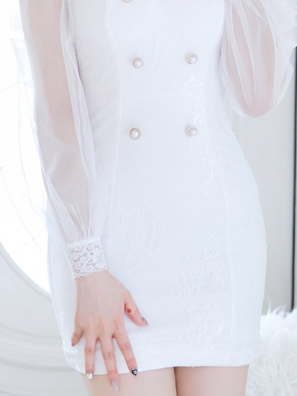 画像6: 刺繍レースミニドレス/ロングスリーブ/シアー/パールボタン/谷間見せ/背中隠し/ミニドレス/キャバドレス【XS-Lサイズ/2カラー】[HC02] 【SB】dzco (6)