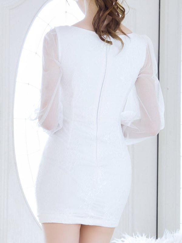 画像7: 刺繍レースミニドレス/ロングスリーブ/シアー/パールボタン/谷間見せ/背中隠し/ミニドレス/キャバドレス【XS-Lサイズ/2カラー】[HC02] 【SB】dzco (7)