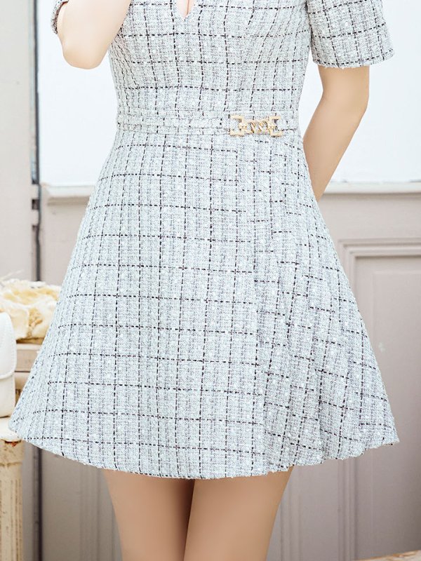 画像5: 新サイズ登場!ツイードワンピースドレス/チェック柄/デザインバックル/Aライン/谷間見せ/背中隠し/ミニドレス/キャバドレス【XS-Lサイズ/1カラー】[OF01A] 【SB】dzws (5)