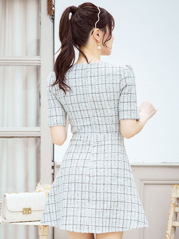 画像6: 新サイズ登場!ツイードワンピースドレス/チェック柄/デザインバックル/Aライン/谷間見せ/背中隠し/ミニドレス/キャバドレス【XS-Lサイズ/1カラー】[OF01A] 【SB】dzws (6)