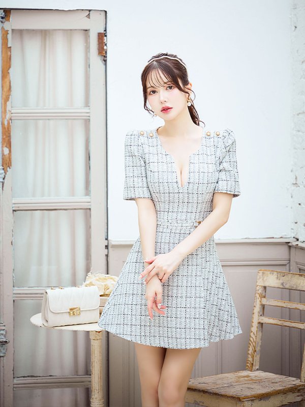 画像10: 新サイズ登場!ツイードワンピースドレス/チェック柄/デザインバックル/Aライン/谷間見せ/背中隠し/ミニドレス/キャバドレス【XS-Lサイズ/1カラー】[OF01A] 【SB】dzws (10)