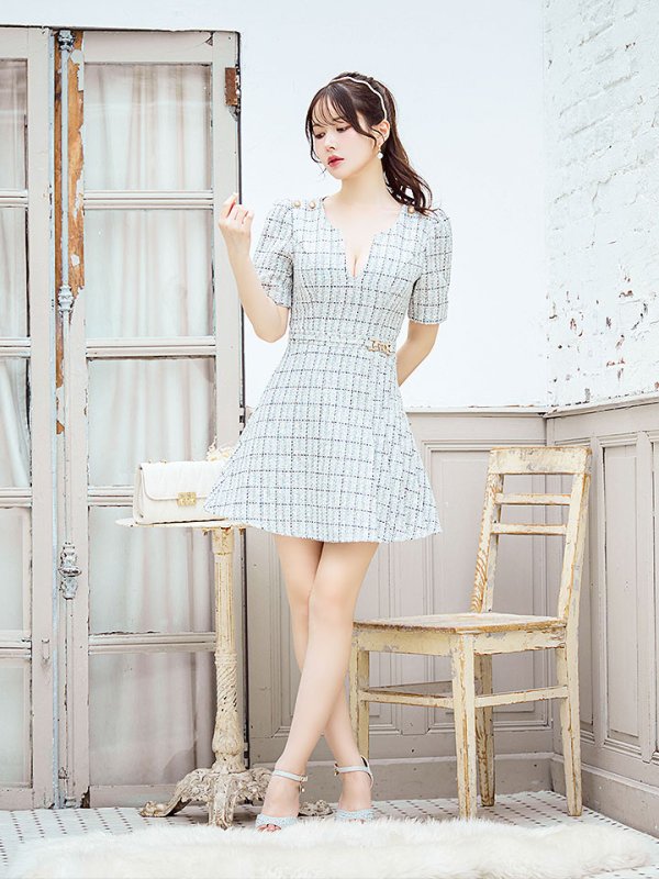 画像11: 新サイズ登場!ツイードワンピースドレス/チェック柄/デザインバックル/Aライン/谷間見せ/背中隠し/ミニドレス/キャバドレス【XS-Lサイズ/1カラー】[OF01A] 【SB】dzws (11)