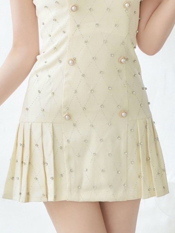 画像6: ビジューキャミワンピースドレス/ツイード/プリーツスカート/ローライズ/ローウエスト/パールボタン/谷間見せ/背中見せ/ミニドレス/キャバドレス【XS-Mサイズ/2カラー】[OF01A]【SB】dzwo (6)