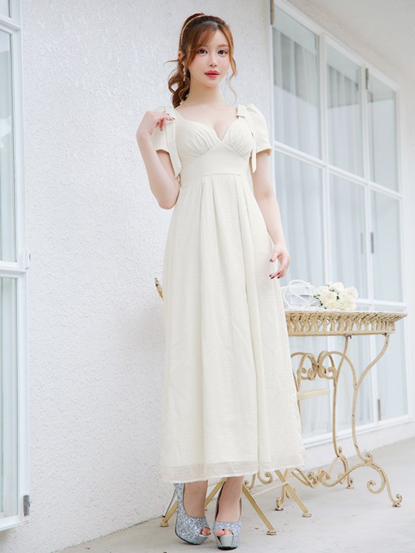 画像2: シフォンハイウエストタックドレス/ギャザー/リボン/フレアー/半袖/谷間見せ/背中隠し/ロングドレス/キャバドレス【S-Lサイズ/1カラー】[HC02] 【SB】dzw (2)