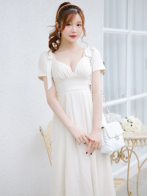 画像3: シフォンハイウエストタックドレス/ギャザー/リボン/フレアー/半袖/谷間見せ/背中隠し/ロングドレス/キャバドレス【S-Lサイズ/1カラー】[HC02] 【SB】dzw (3)