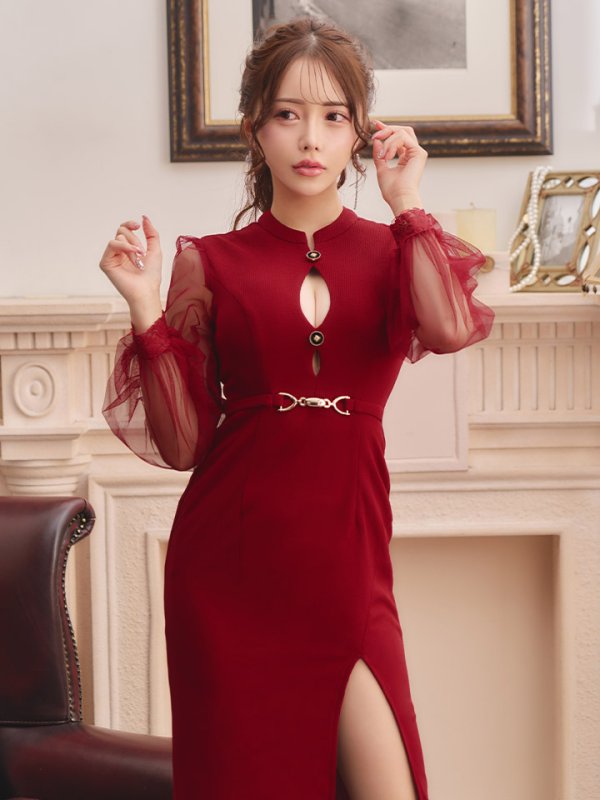 画像4: ボリュームシアーチュールスリーブドレス/ワッフル/タイト/スリット/谷間見せ/ロングドレス/キャバドレス【S-Lサイズ/2カラー】[HC02] 【SB】dzw (4)