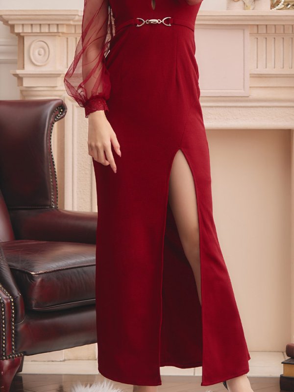 画像6: ボリュームシアーチュールスリーブドレス/ワッフル/タイト/スリット/谷間見せ/ロングドレス/キャバドレス【S-Lサイズ/2カラー】[HC02] 【SB】dzw (6)