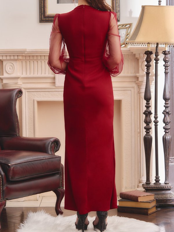 画像7: ボリュームシアーチュールスリーブドレス/ワッフル/タイト/スリット/谷間見せ/ロングドレス/キャバドレス【S-Lサイズ/2カラー】[HC02] 【SB】dzw (7)